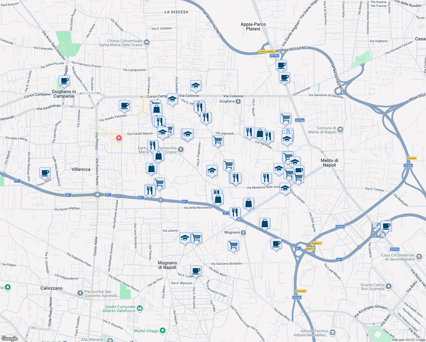 map of restaurants, bars, coffee shops, grocery stores, and more near 14 Via Ippolito Nievo in Giugliano in Campania