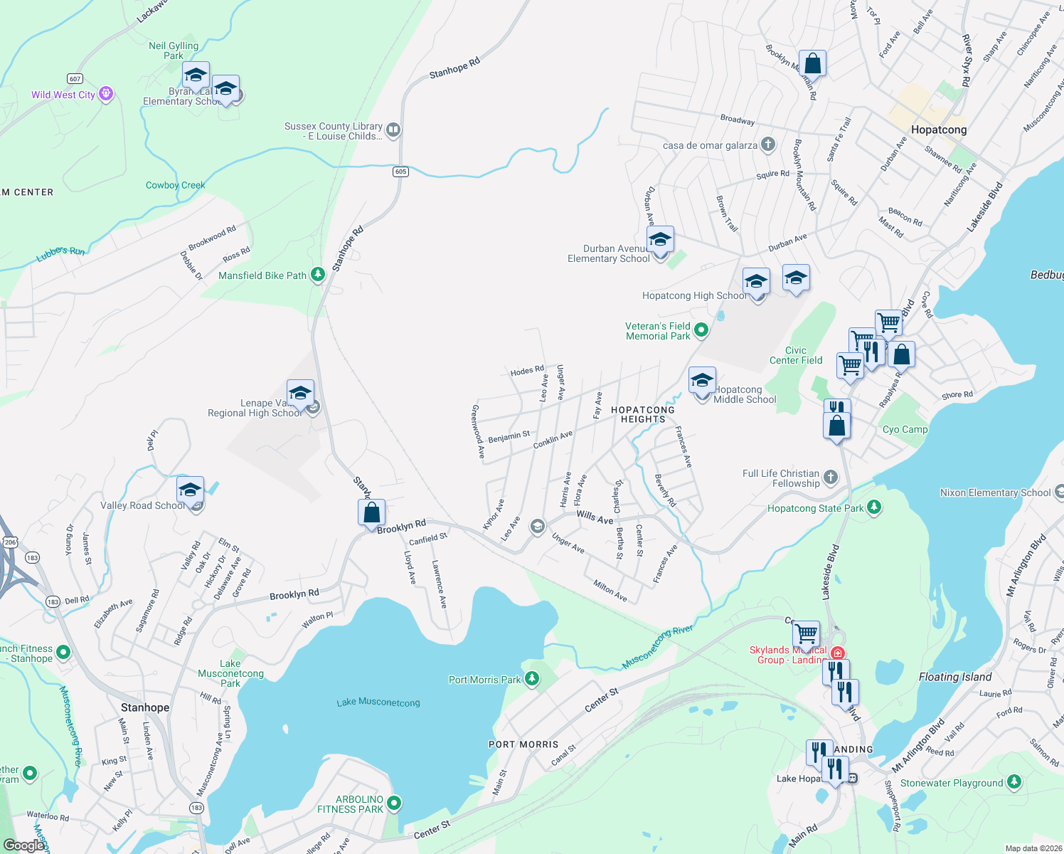 map of restaurants, bars, coffee shops, grocery stores, and more near 1 Benjamin Street in Stanhope