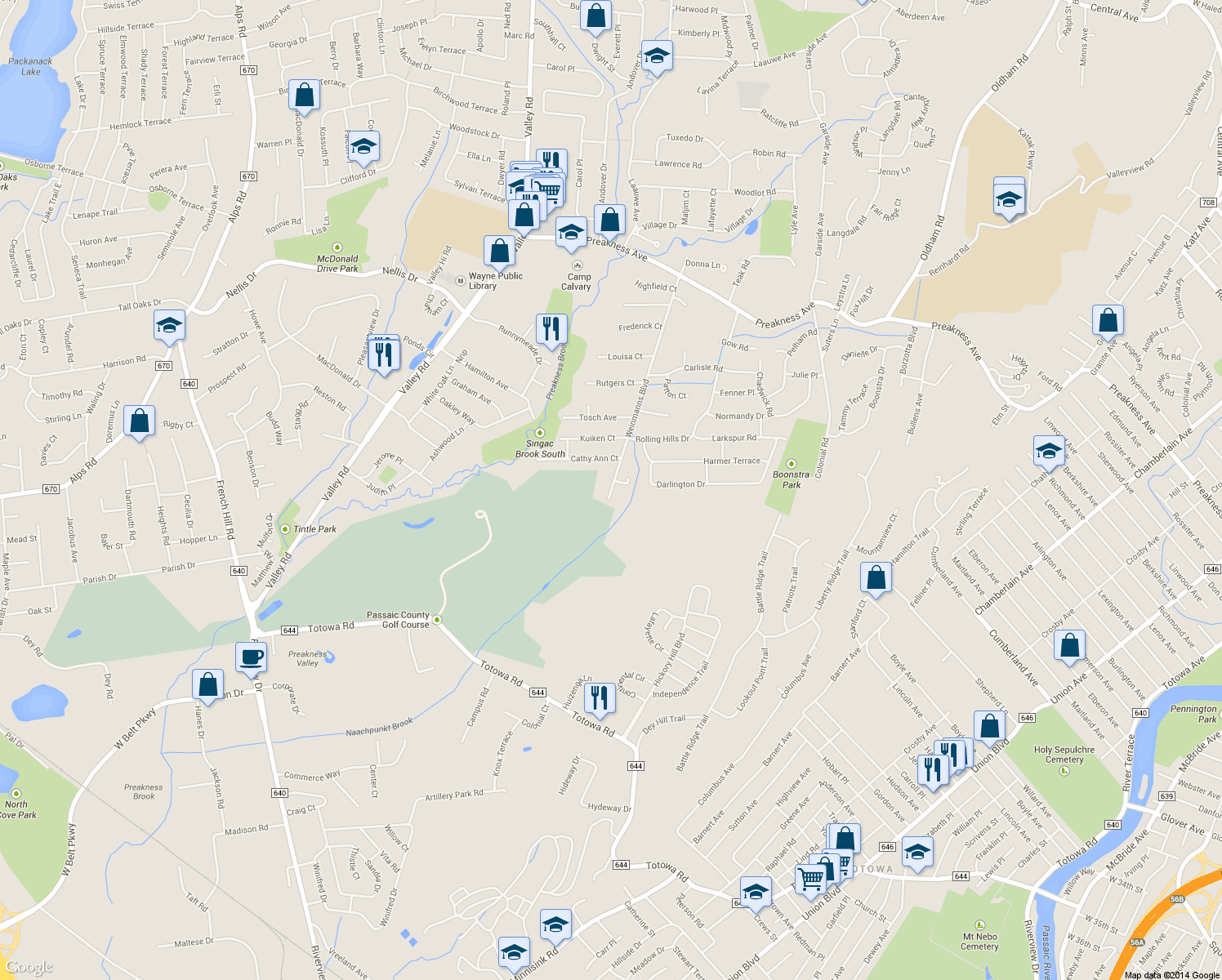map of restaurants, bars, coffee shops, grocery stores, and more near 161 Weinmanns Blvd in Wayne