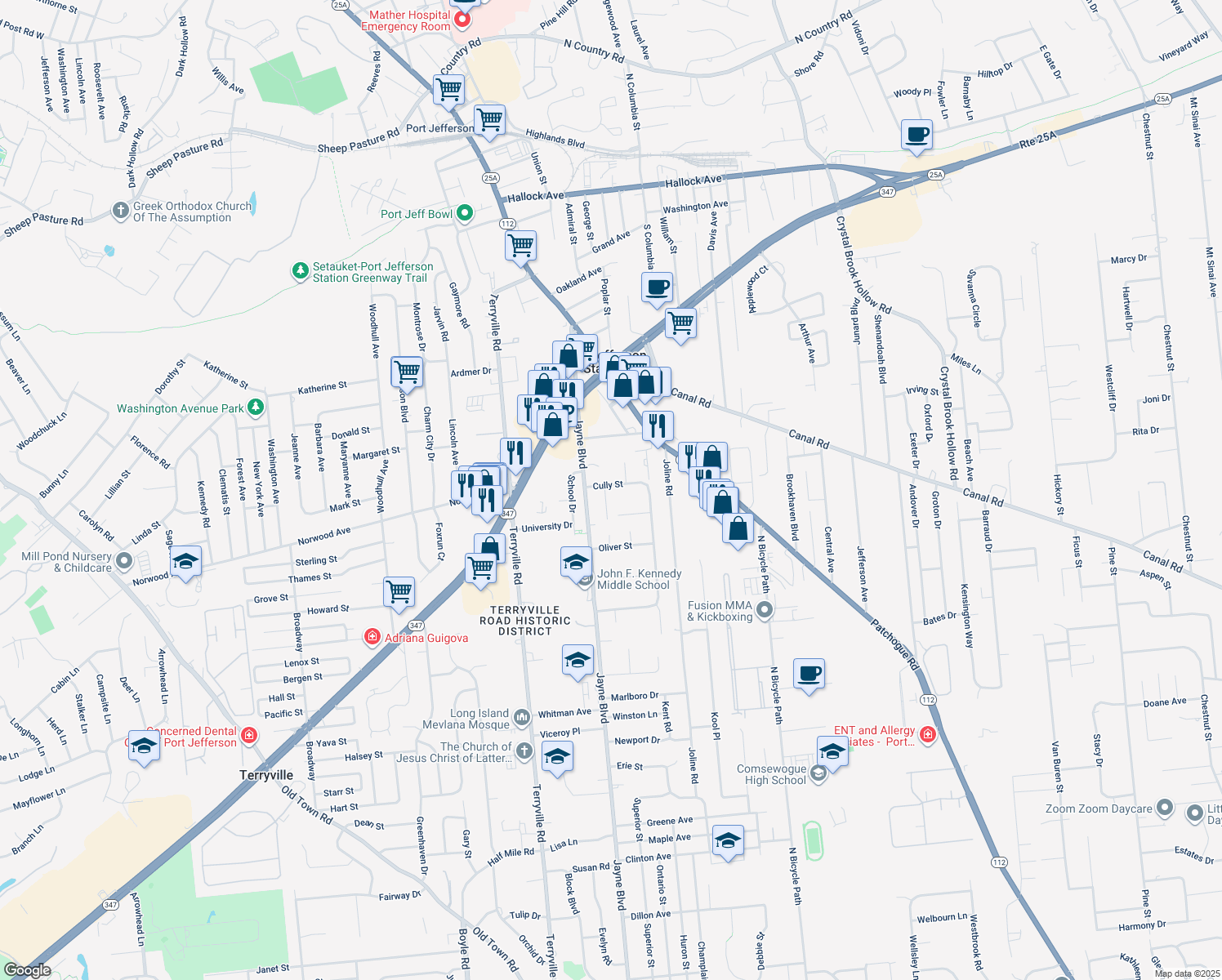 map of restaurants, bars, coffee shops, grocery stores, and more near 6 Cully Street in Port Jefferson Station