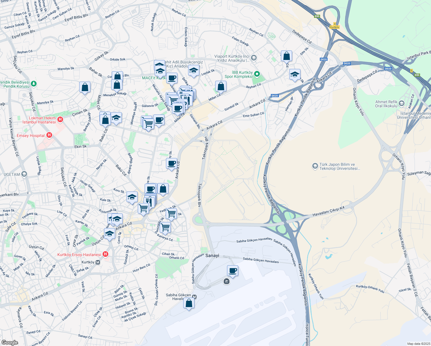 map of restaurants, bars, coffee shops, grocery stores, and more near No:1 Teknopark Bulvarı in Pendik