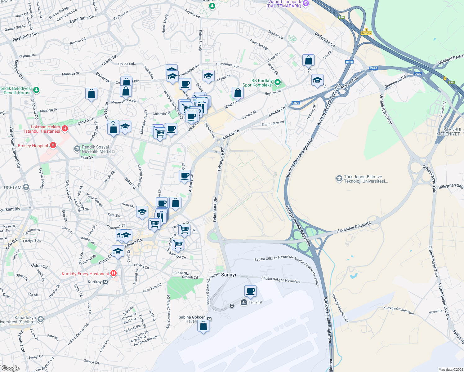 map of restaurants, bars, coffee shops, grocery stores, and more near 1 Teknopark Bulvarı in Pendik