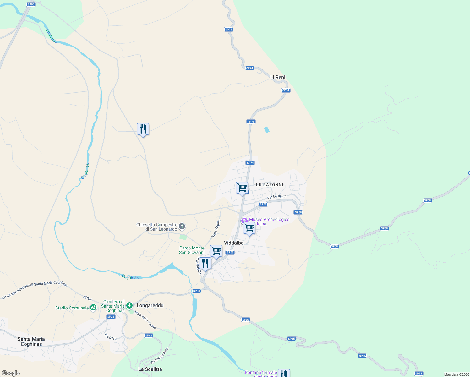 map of restaurants, bars, coffee shops, grocery stores, and more near 1010 Via Tiro al Piattello in Viddalba