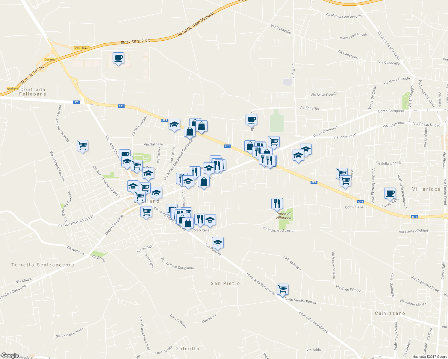 map of restaurants, bars, coffee shops, grocery stores, and more near 672 Via della Libertà in Villaricca