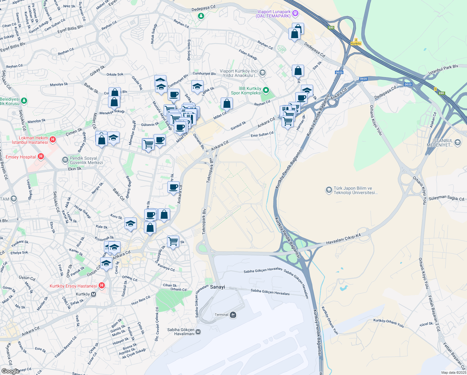 map of restaurants, bars, coffee shops, grocery stores, and more near No:1 Teknopark Bulvarı in Pendik