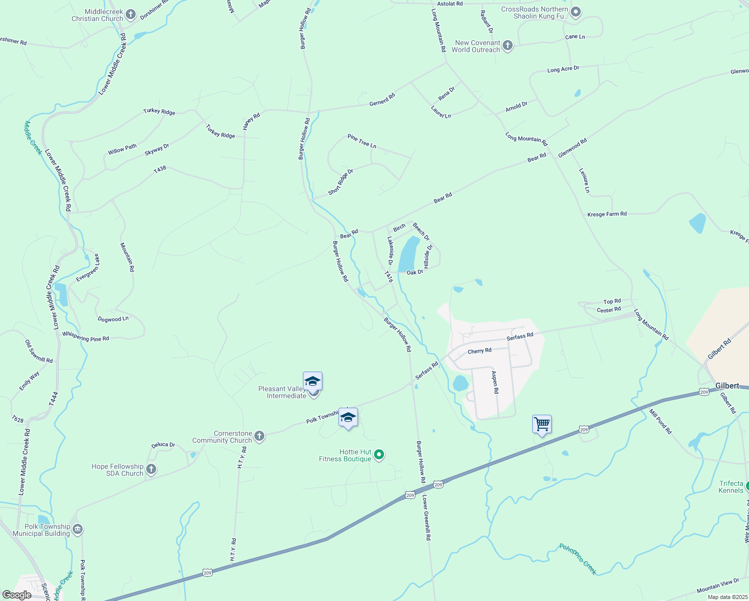 map of restaurants, bars, coffee shops, grocery stores, and more near 128 Creek Drive in Kunkletown