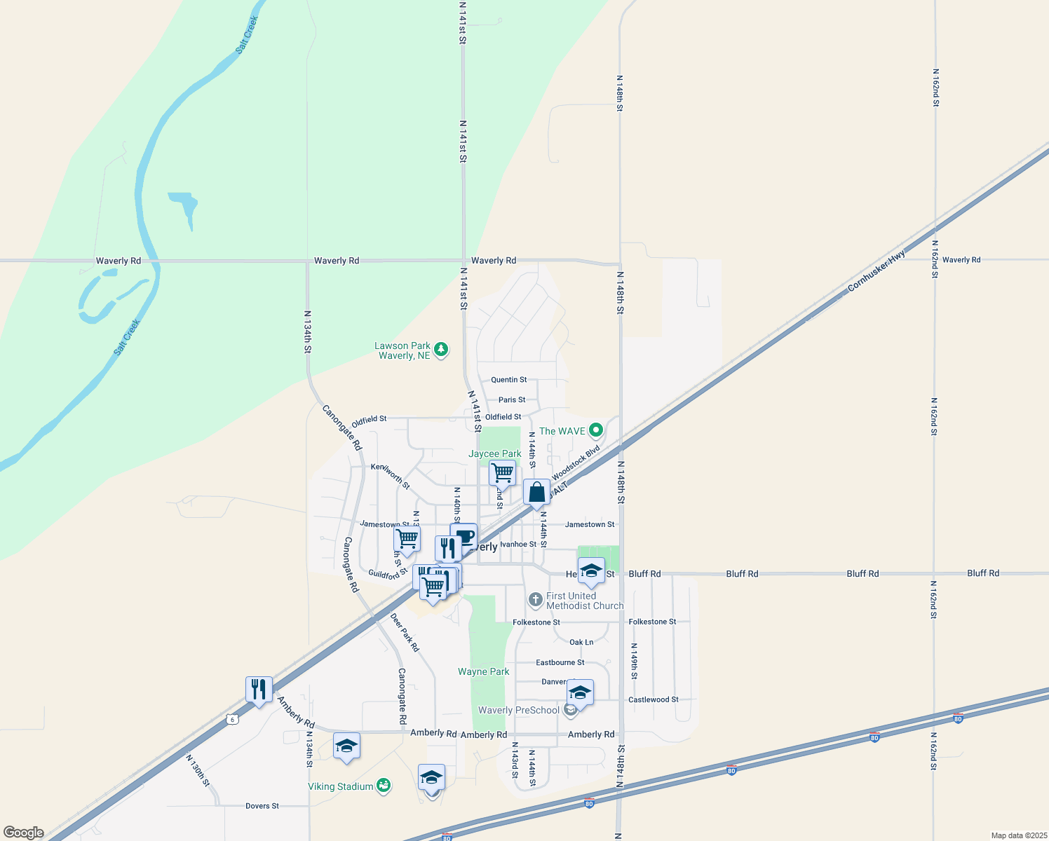 map of restaurants, bars, coffee shops, grocery stores, and more near 11281 North 144th Street in Waverly
