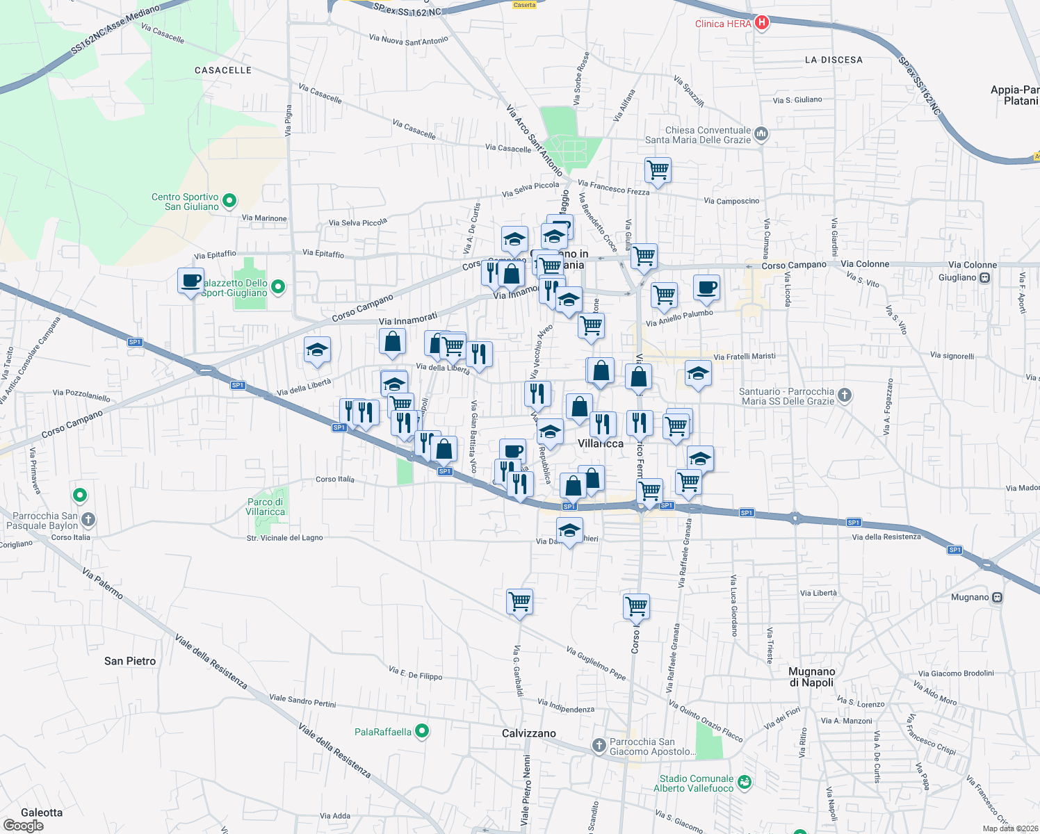 map of restaurants, bars, coffee shops, grocery stores, and more near 16 Viale della Vittoria in Villaricca