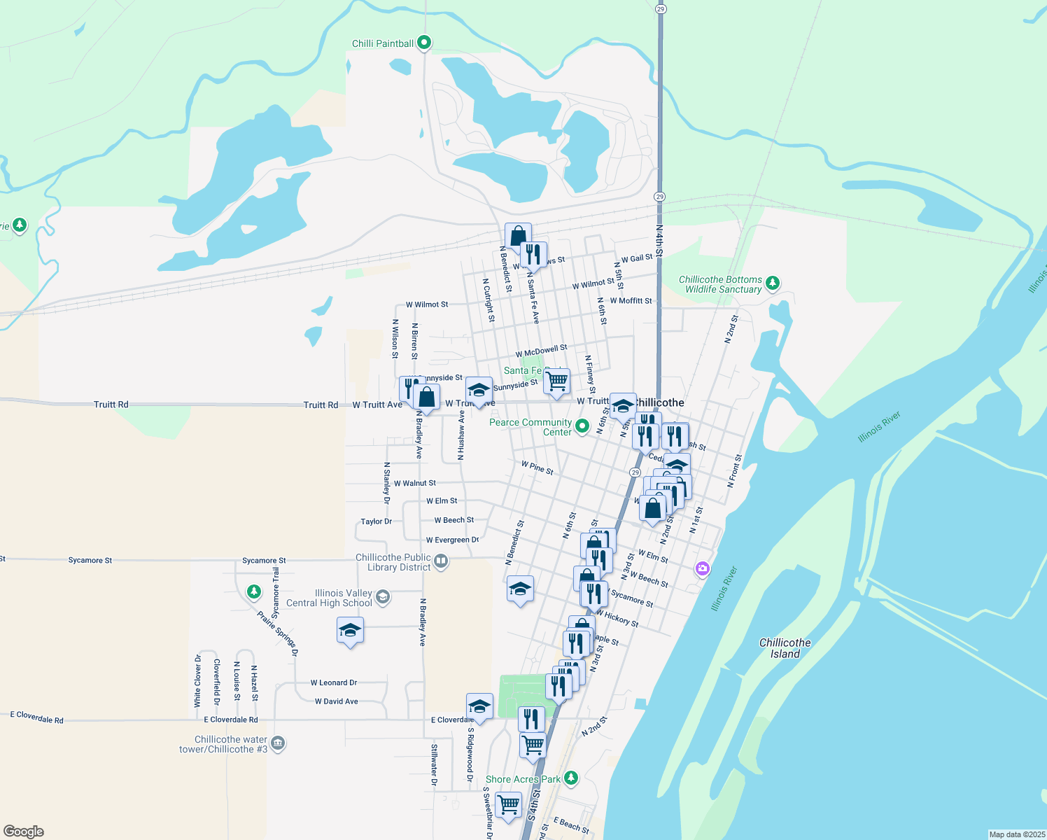 map of restaurants, bars, coffee shops, grocery stores, and more near 1209 N Benedict St in Chillicothe