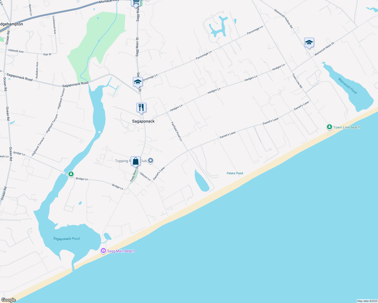 map of restaurants, bars, coffee shops, grocery stores, and more near 63 Daniel's Lane in Sagaponack