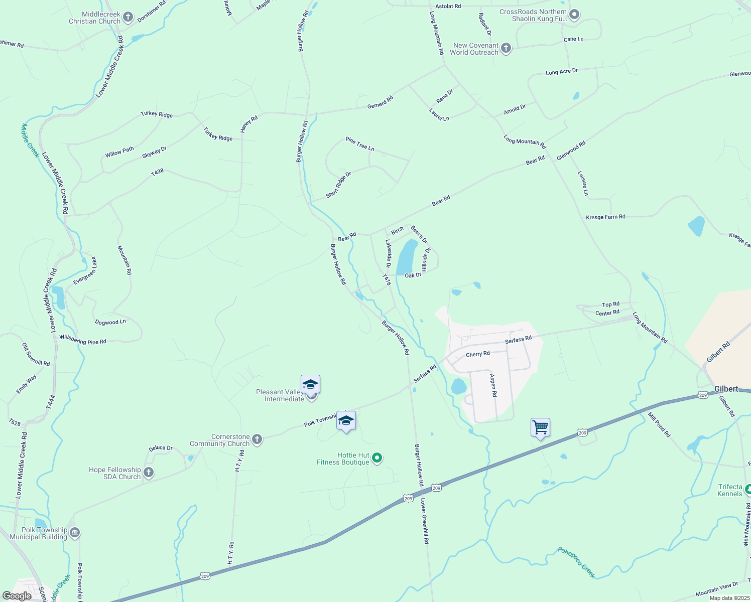 map of restaurants, bars, coffee shops, grocery stores, and more near 128 Creek Drive in Kunkletown