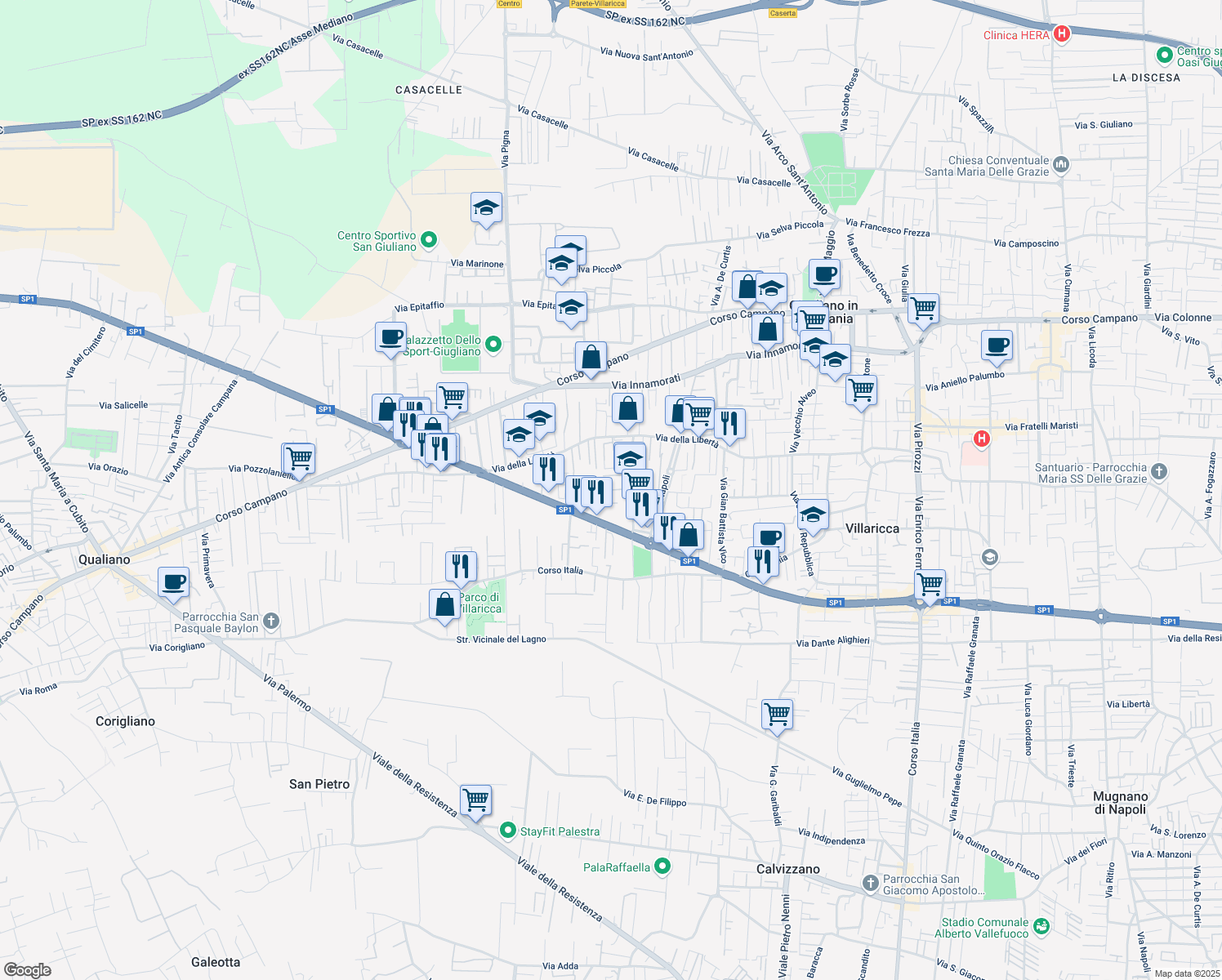 map of restaurants, bars, coffee shops, grocery stores, and more near Parco Hawaiano in Villaricca