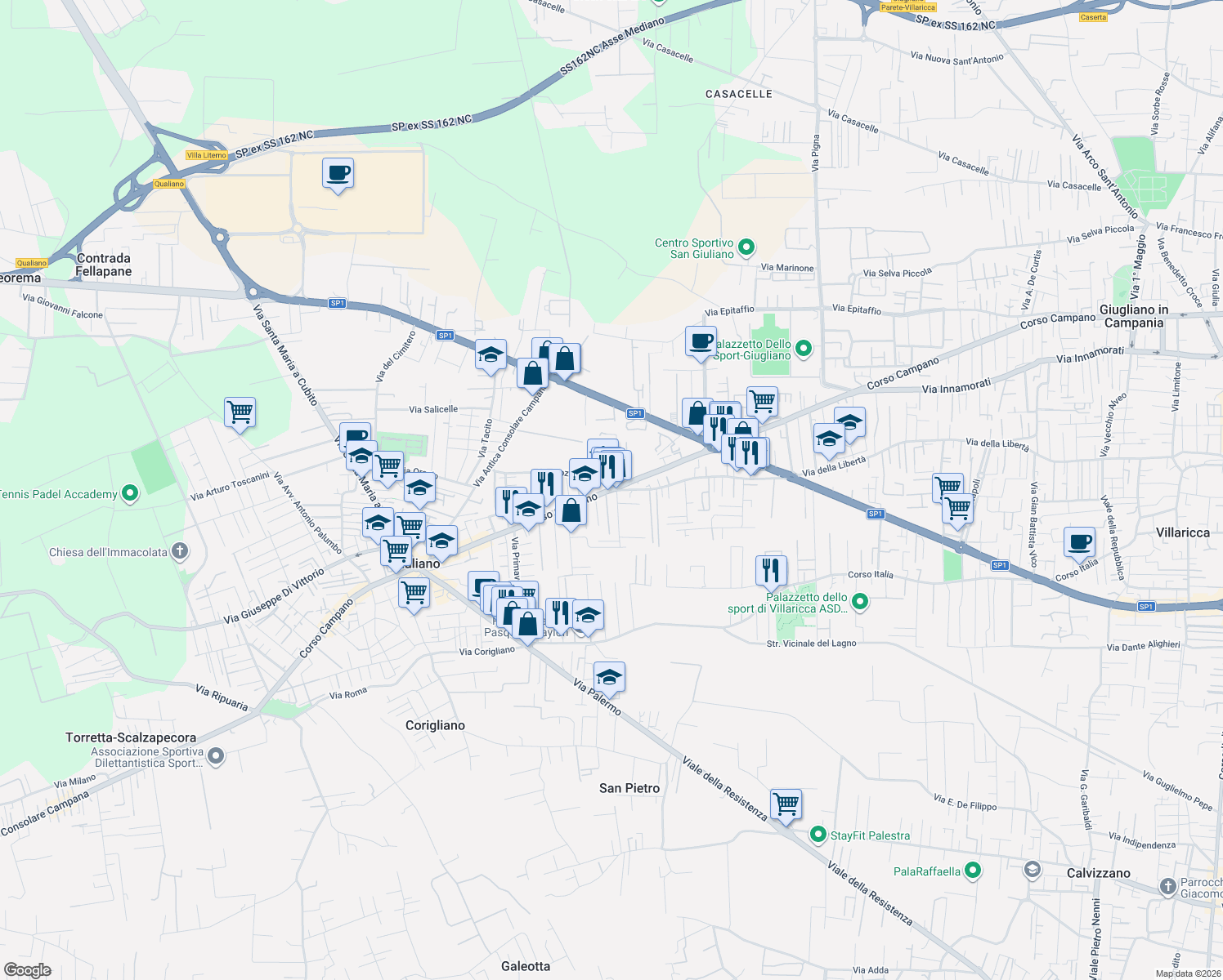 map of restaurants, bars, coffee shops, grocery stores, and more near 672 Via della Libertà in Villaricca