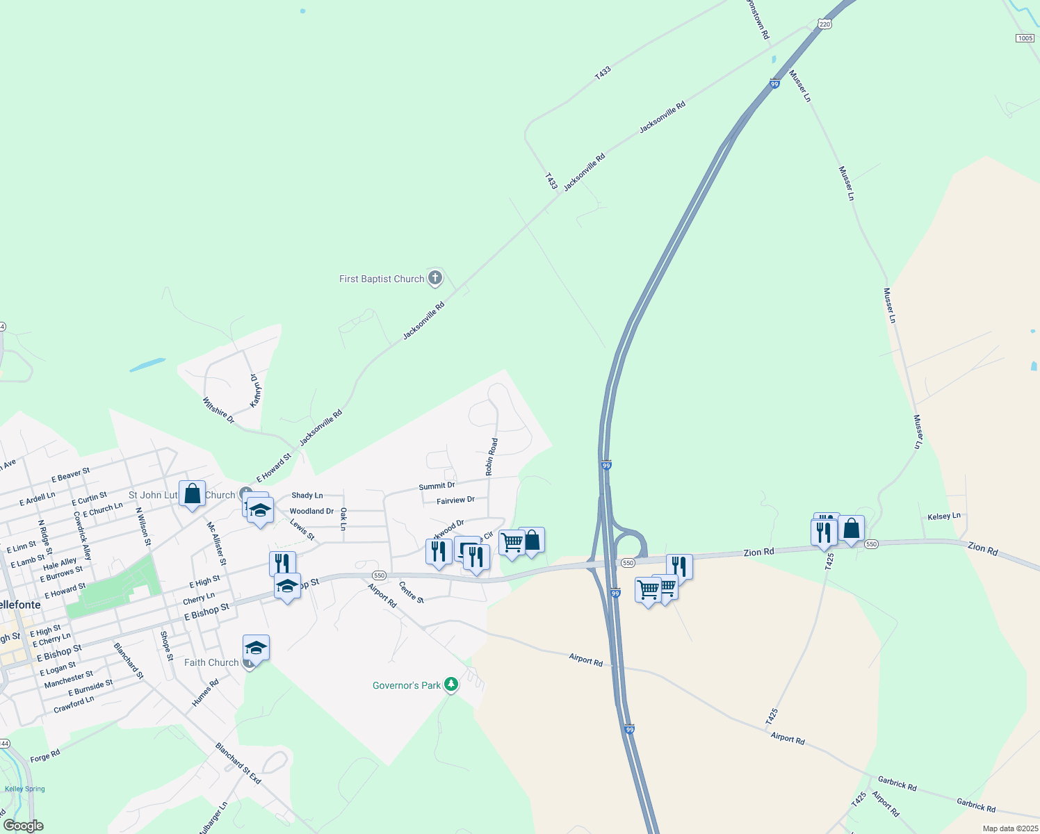 map of restaurants, bars, coffee shops, grocery stores, and more near 1332 Joanna Drive in Bellefonte