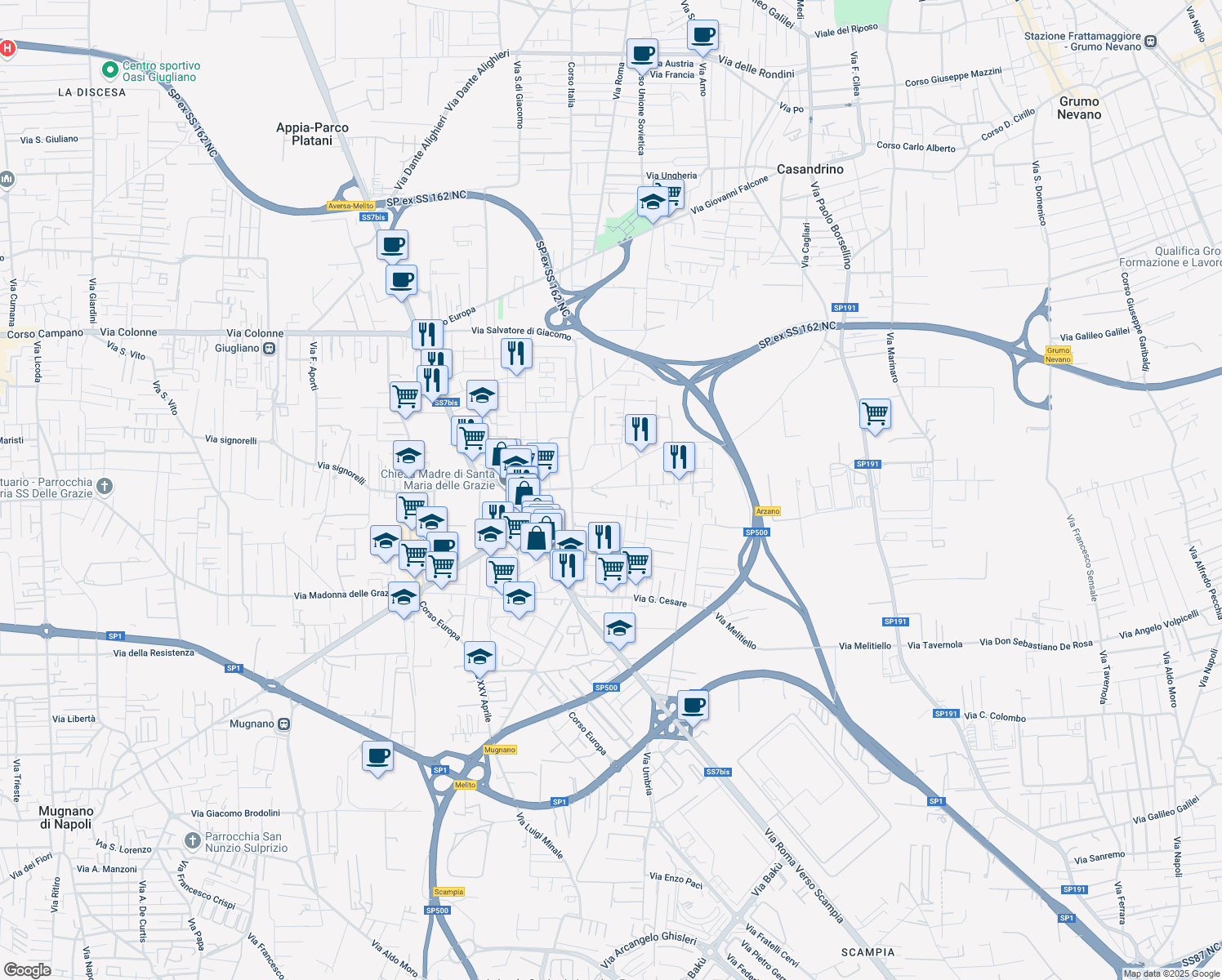 map of restaurants, bars, coffee shops, grocery stores, and more near 1 Via Sandro Pertini in Melito di Napoli