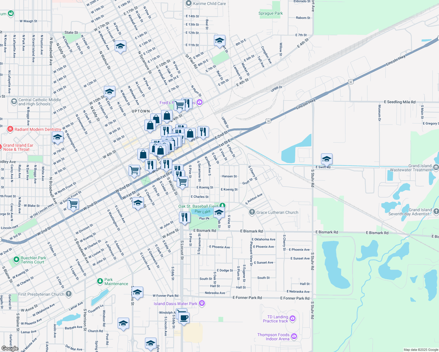 map of restaurants, bars, coffee shops, grocery stores, and more near 229 S Oak St in Grand Island