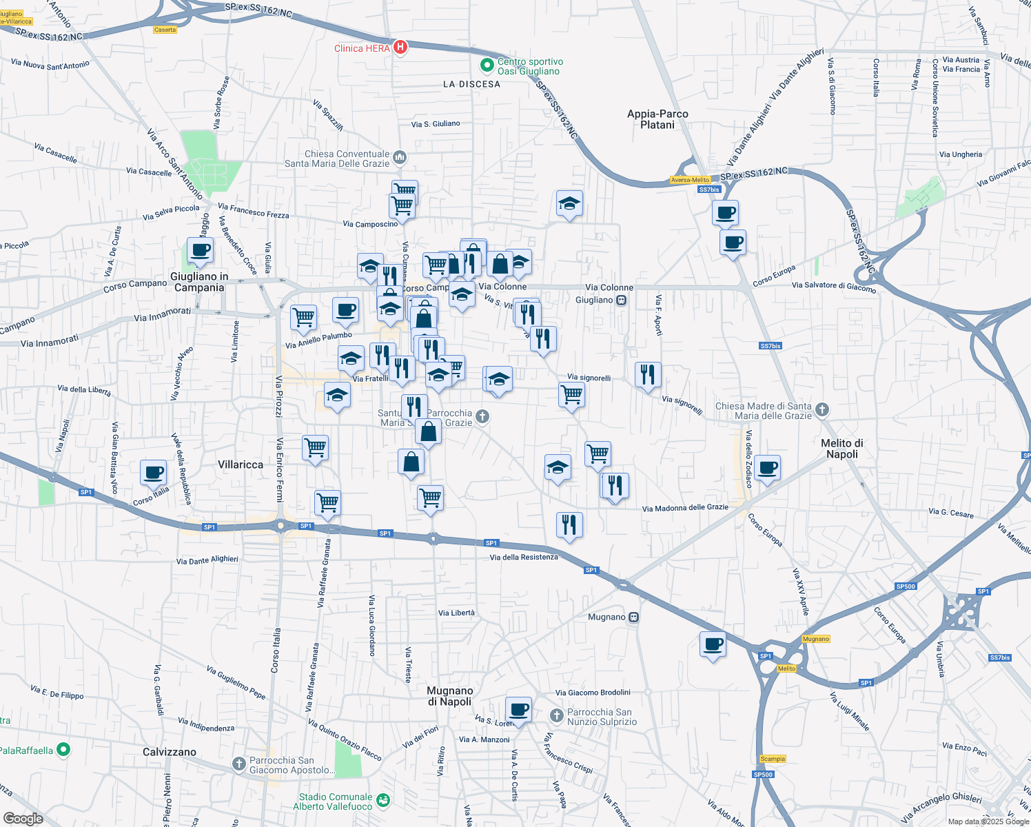 map of restaurants, bars, coffee shops, grocery stores, and more near 44 Via Gabriele D'Annunzio in Giugliano in Campania
