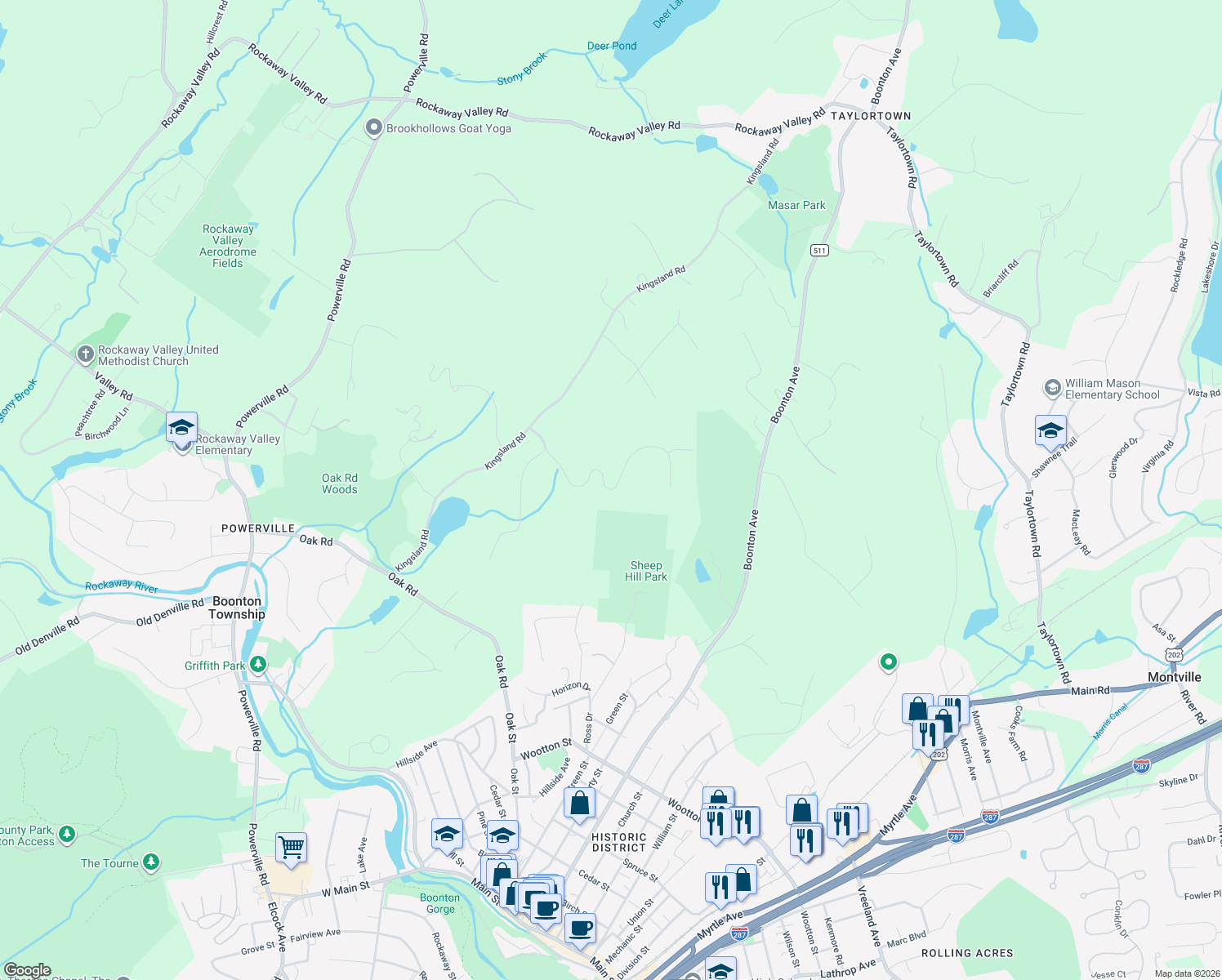 map of restaurants, bars, coffee shops, grocery stores, and more near 1 Old Timber Trail in Boonton