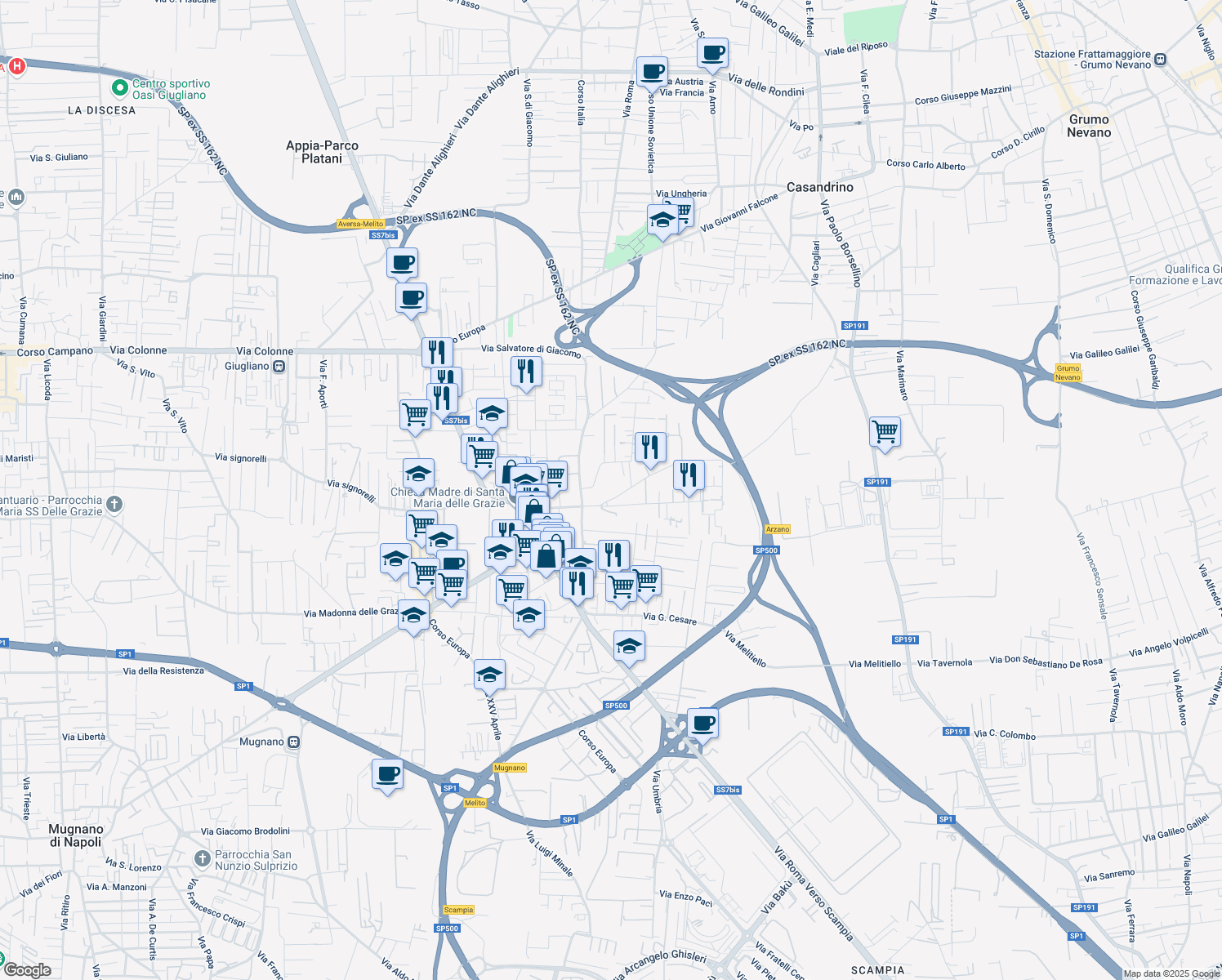 map of restaurants, bars, coffee shops, grocery stores, and more near 1 Via Sandro Pertini in Melito di Napoli