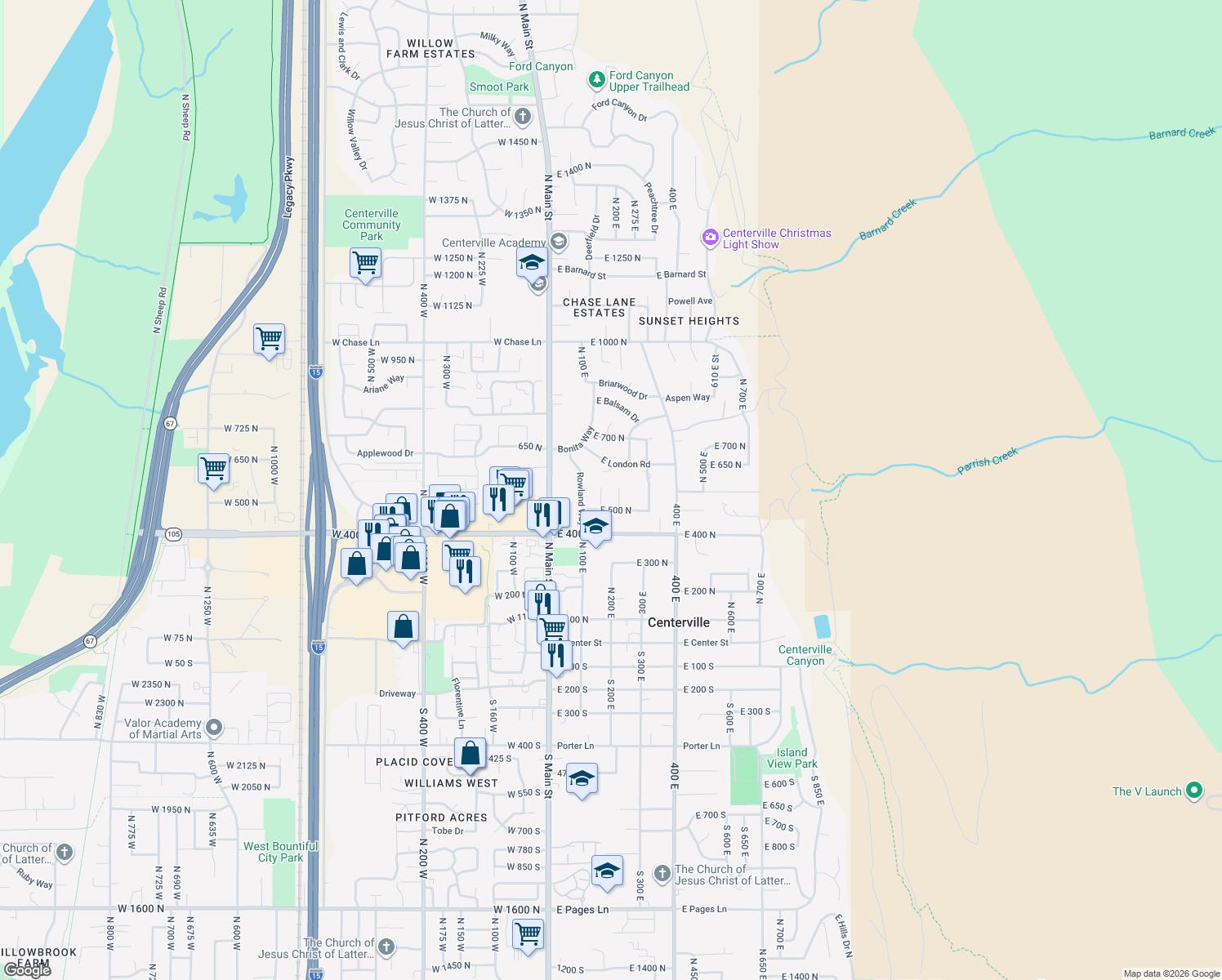 map of restaurants, bars, coffee shops, grocery stores, and more near 563 North 220 East in Centerville