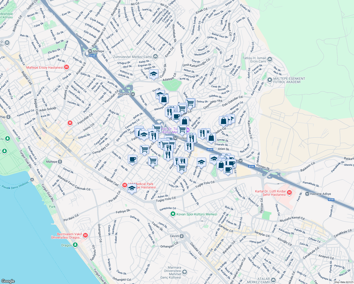 map of restaurants, bars, coffee shops, grocery stores, and more near Fil Yokuşu Sokak in Maltepe