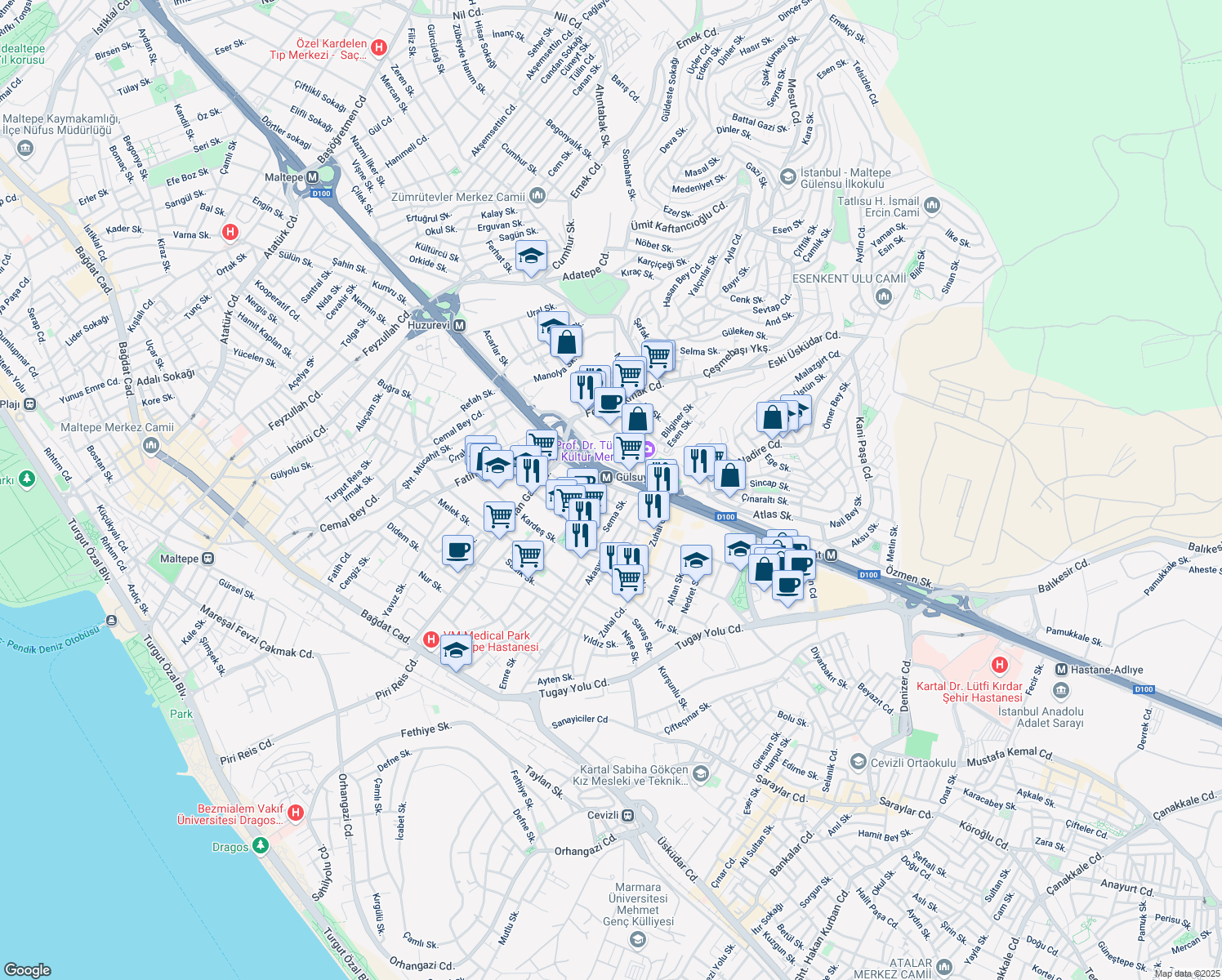 map of restaurants, bars, coffee shops, grocery stores, and more near Fil Yokuşu Sokak in Maltepe