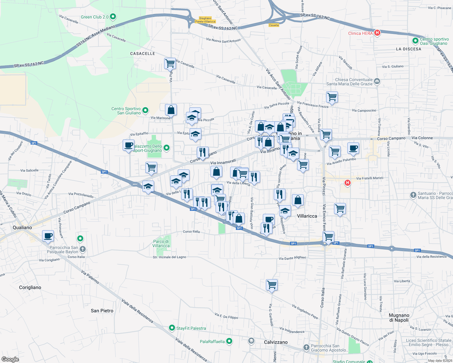 map of restaurants, bars, coffee shops, grocery stores, and more near 134 Via Marchesella in Giugliano in Campania