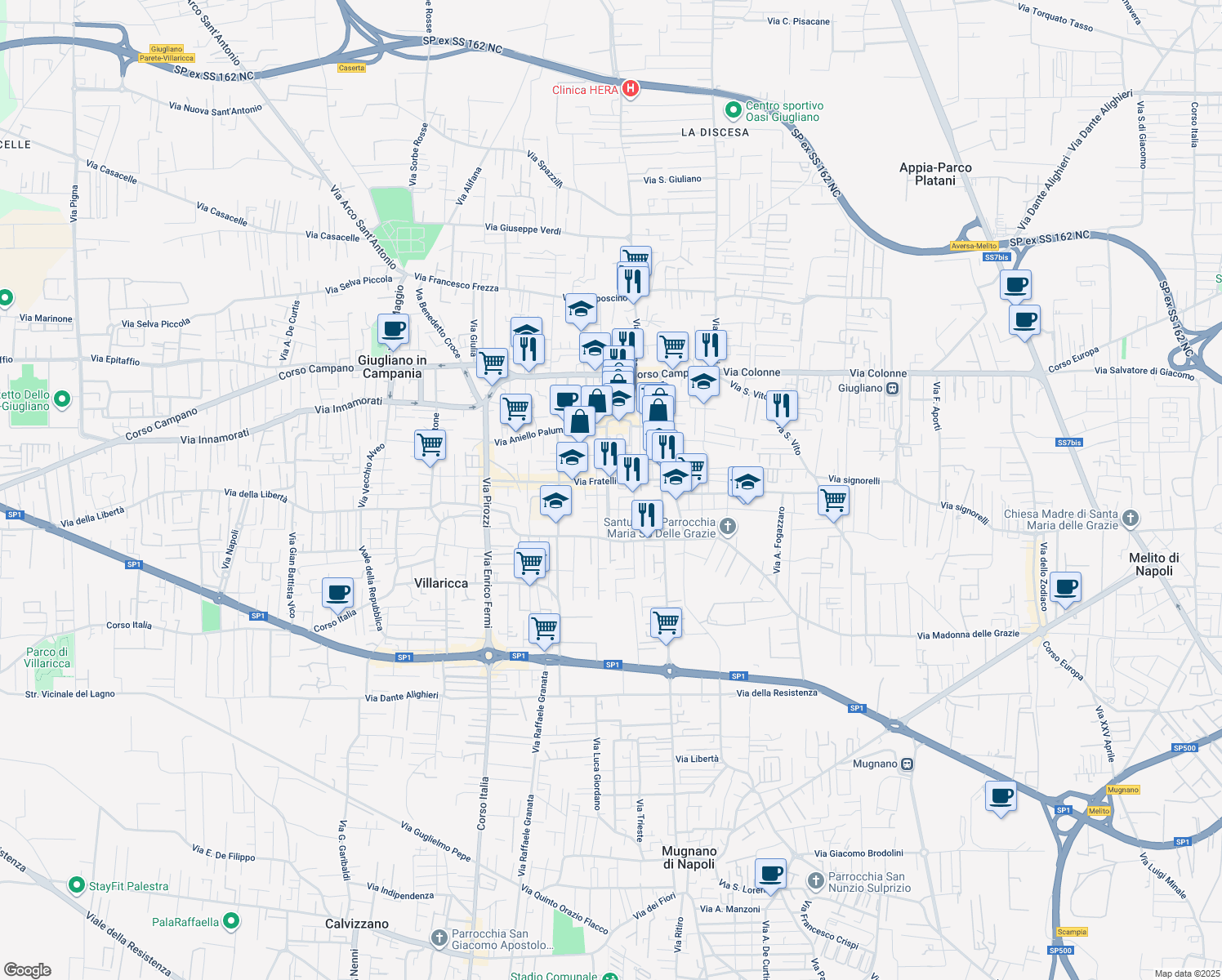 map of restaurants, bars, coffee shops, grocery stores, and more near Via Giacomo Brodolini in Giugliano In Campania