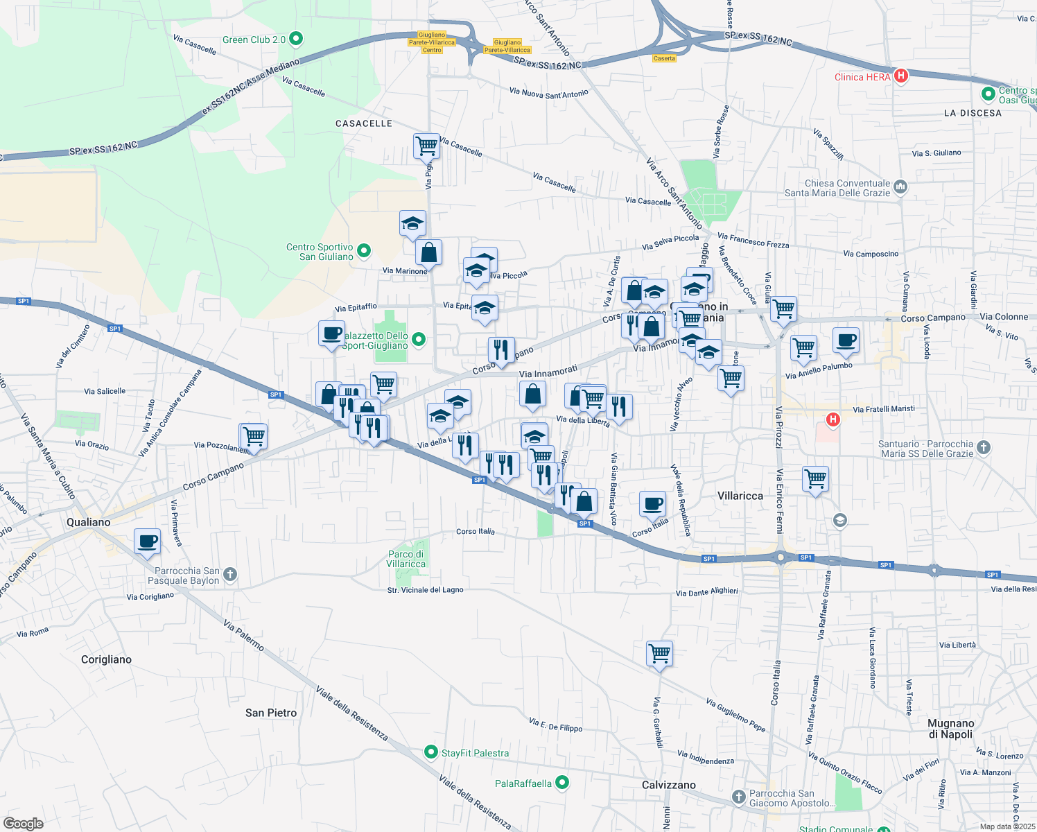 map of restaurants, bars, coffee shops, grocery stores, and more near 160 Via Marchesella in Giugliano in Campania