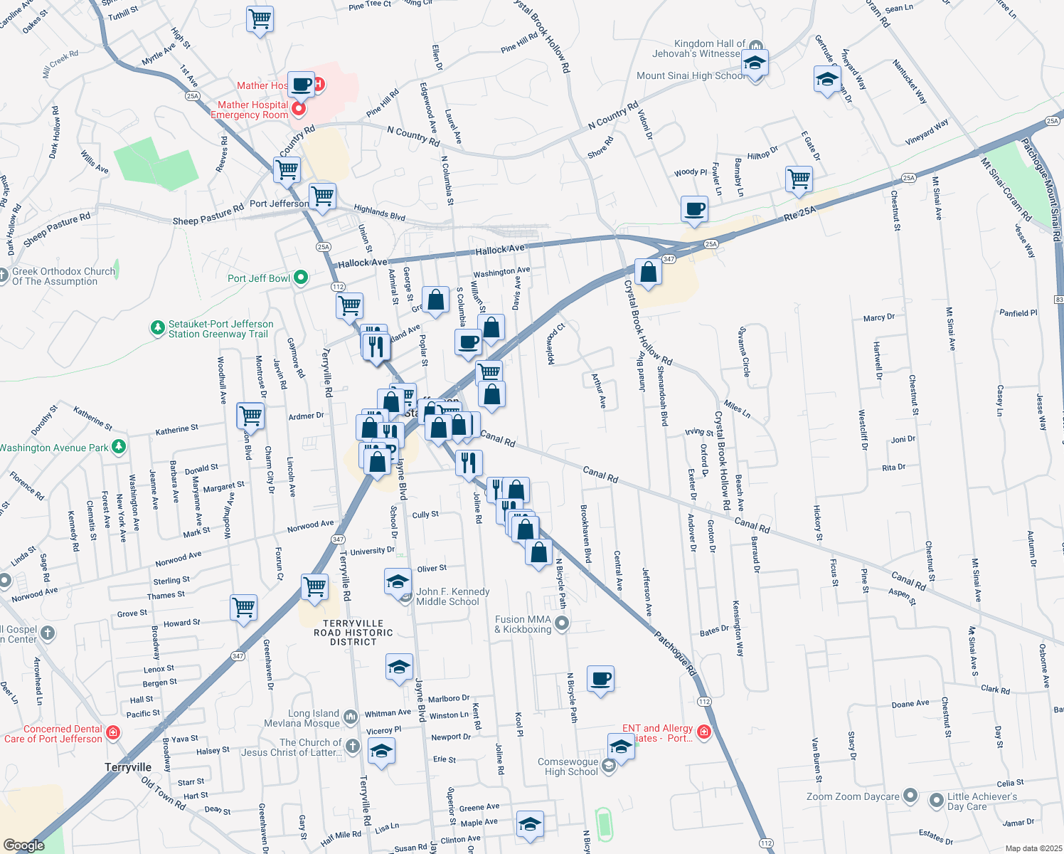 map of restaurants, bars, coffee shops, grocery stores, and more near 139 Davis Avenue in Port Jefferson Station