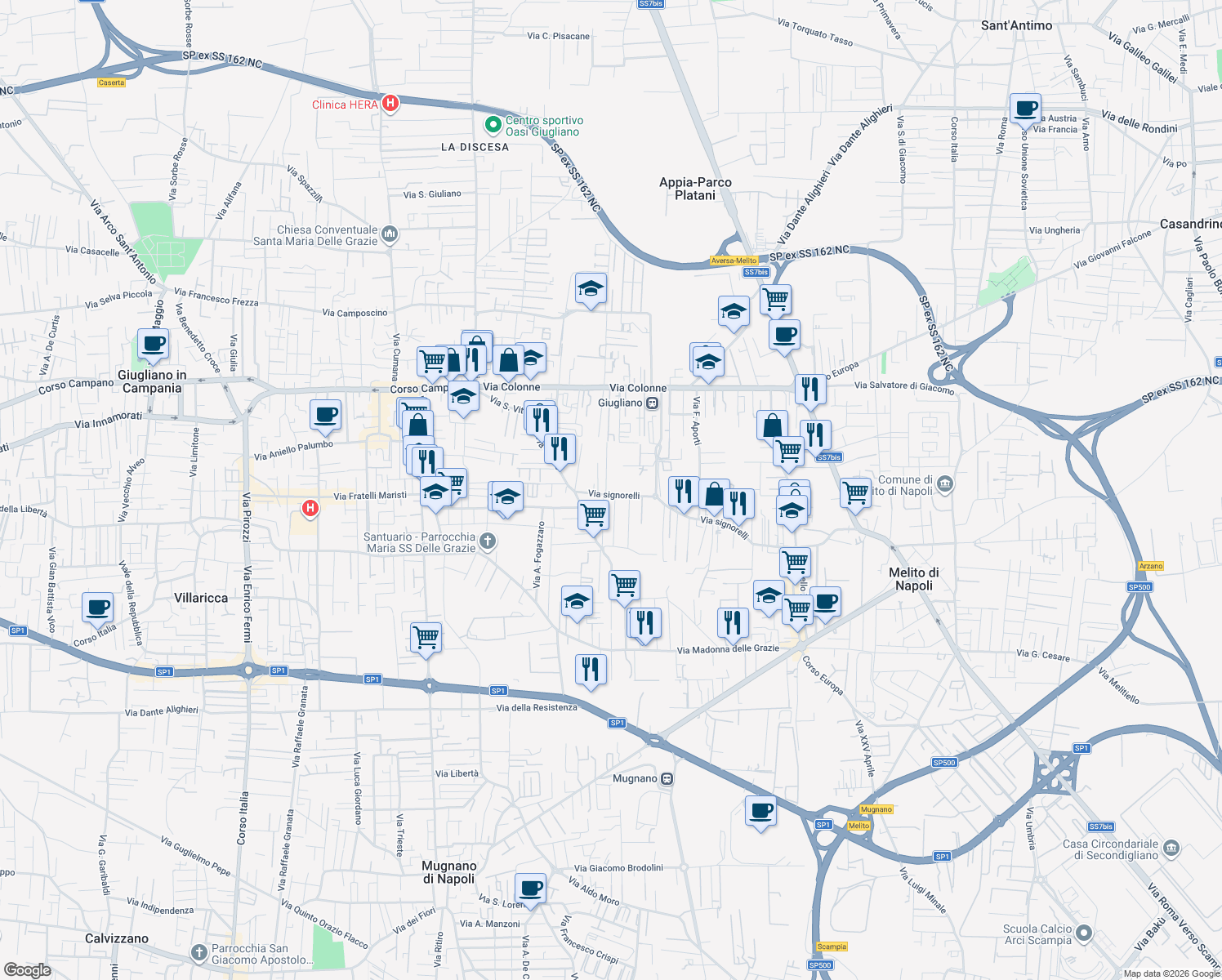 map of restaurants, bars, coffee shops, grocery stores, and more near 43 Via Signorelli in Giugliano in Campania