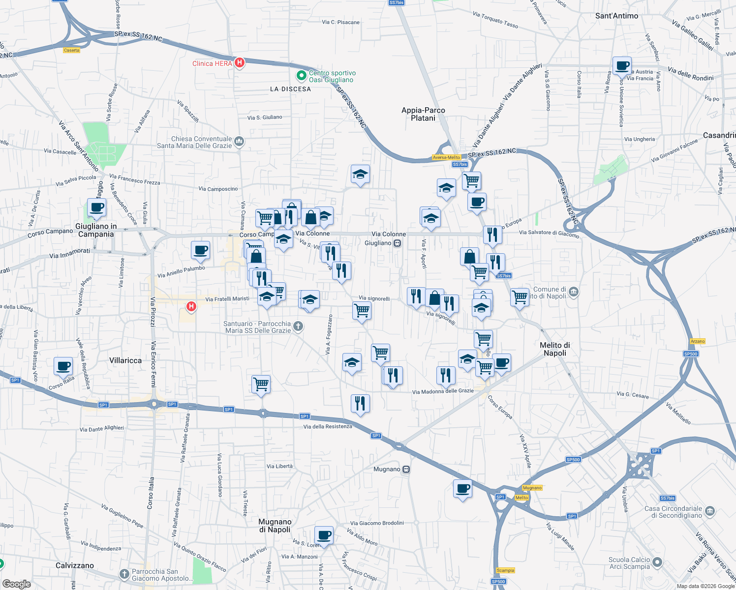 map of restaurants, bars, coffee shops, grocery stores, and more near 43 Via Signorelli in Giugliano in Campania