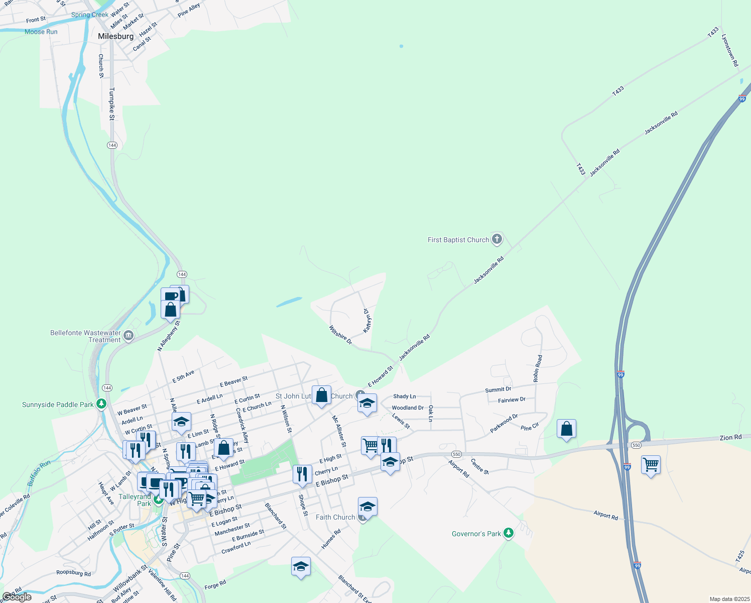 map of restaurants, bars, coffee shops, grocery stores, and more near 173 Kathryn Drive in Bellefonte