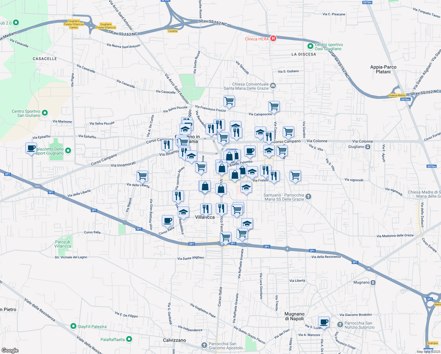 map of restaurants, bars, coffee shops, grocery stores, and more near 70 Via Aviere Mario Pirozzi in Giugliano in Campania