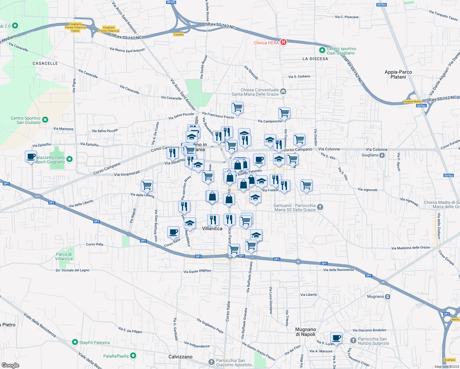 map of restaurants, bars, coffee shops, grocery stores, and more near 70 Via Aviere Mario Pirozzi in Giugliano in Campania
