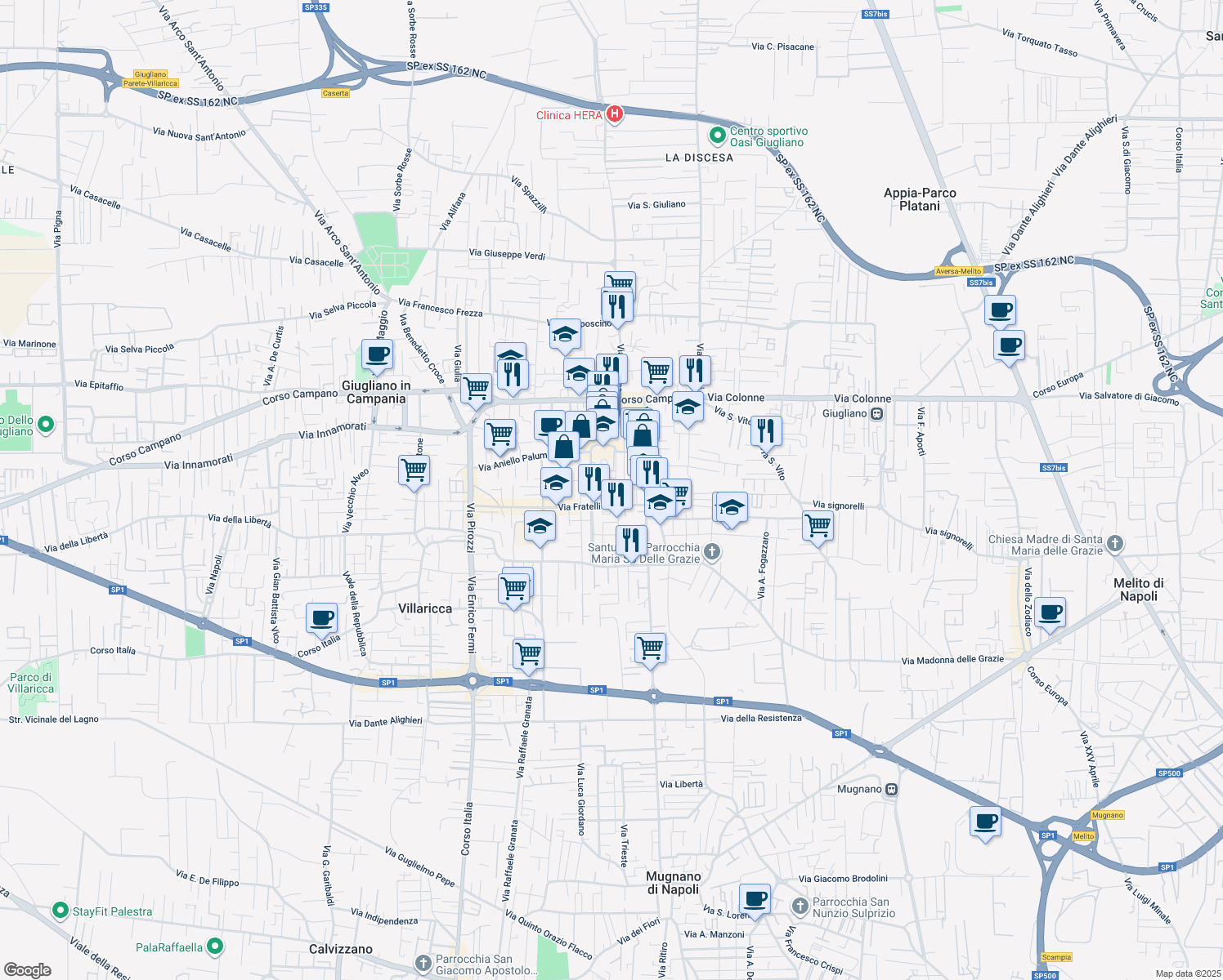 map of restaurants, bars, coffee shops, grocery stores, and more near Via Giacomo Brodolini in Giugliano in Campania