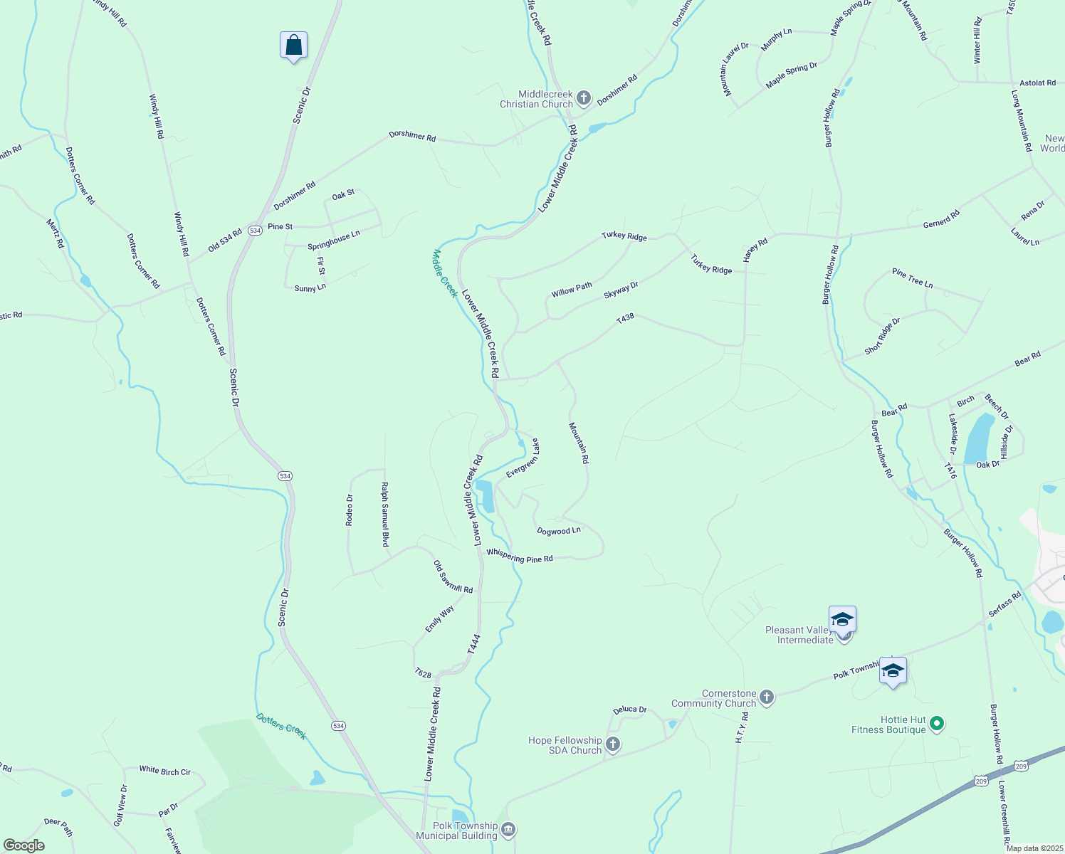 map of restaurants, bars, coffee shops, grocery stores, and more near 113 Evergreen Lake in Kunkletown