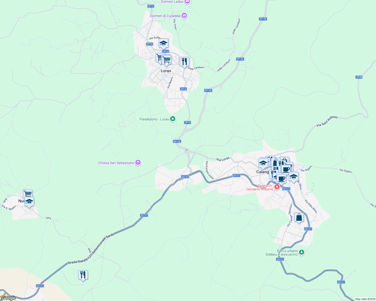 map of restaurants, bars, coffee shops, grocery stores, and more near 7 SP136 in Provincia della Gallura Nord-Est Sardegna