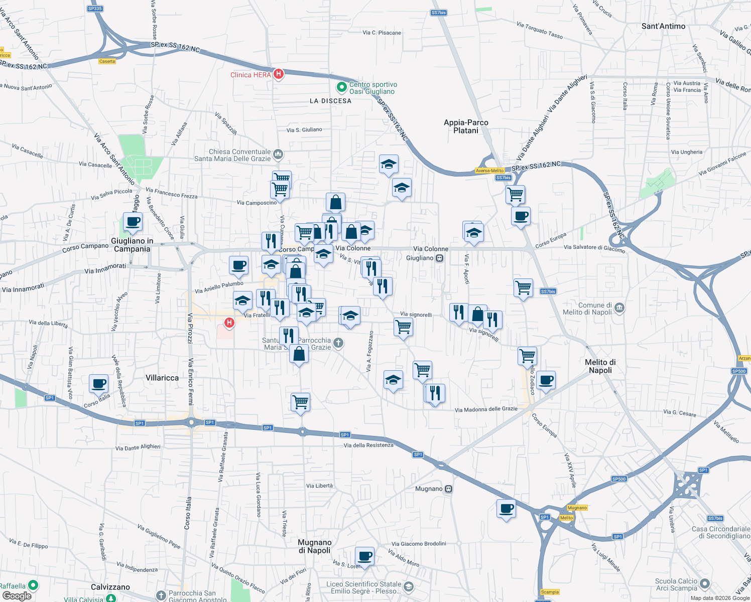 map of restaurants, bars, coffee shops, grocery stores, and more near 117 Via San Vito in Giugliano In Campania