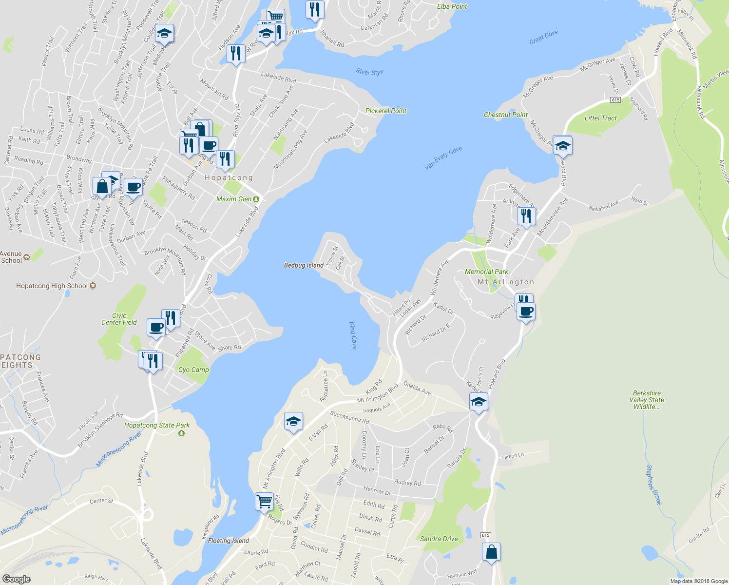 map of restaurants, bars, coffee shops, grocery stores, and more near 3 Lakeshore Drive in Mount Arlington