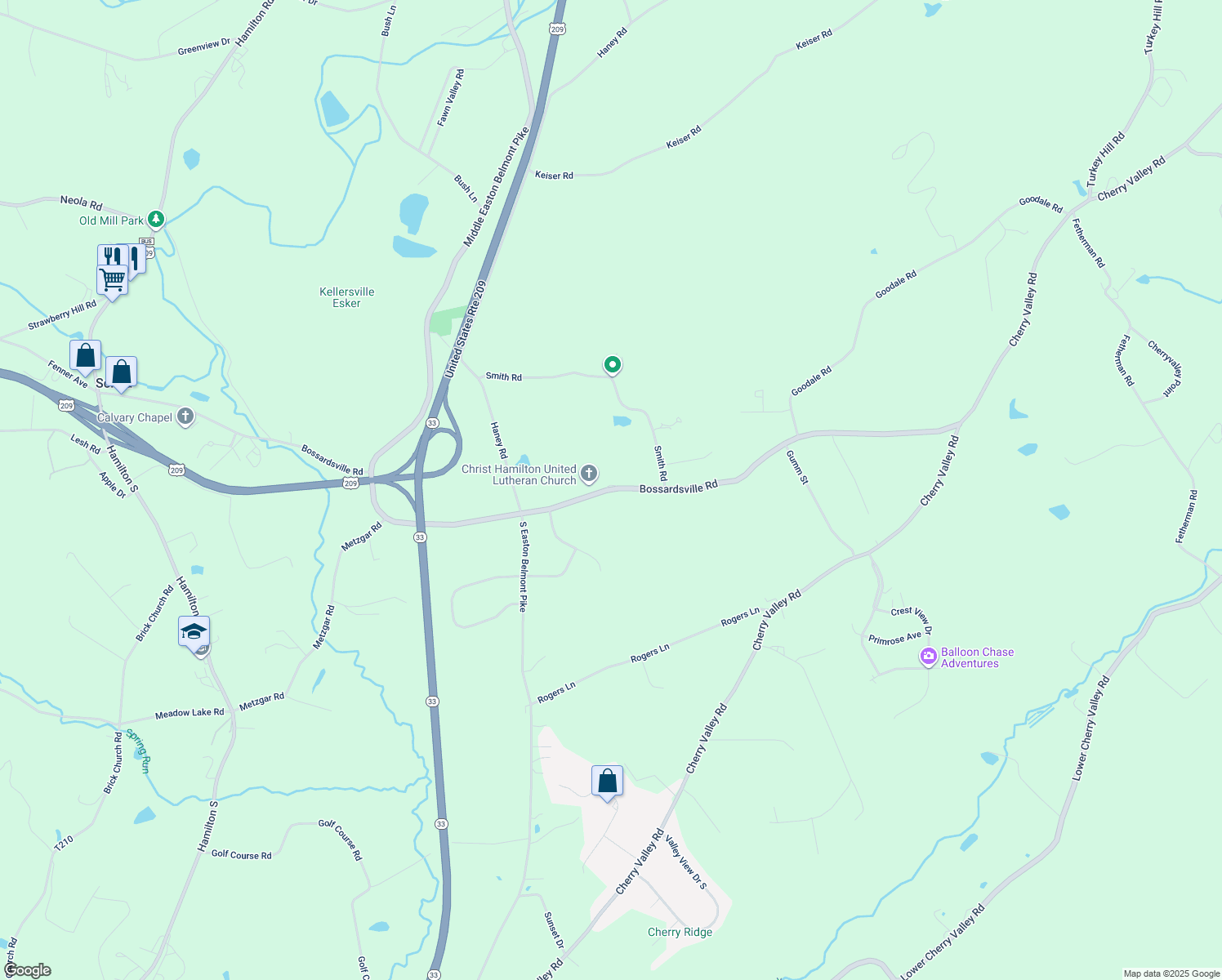 map of restaurants, bars, coffee shops, grocery stores, and more near Bossardsville Road in Stroudsburg