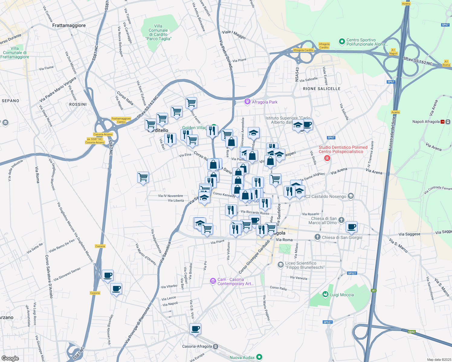 map of restaurants, bars, coffee shops, grocery stores, and more near 14 Via della Libertà in Afragola