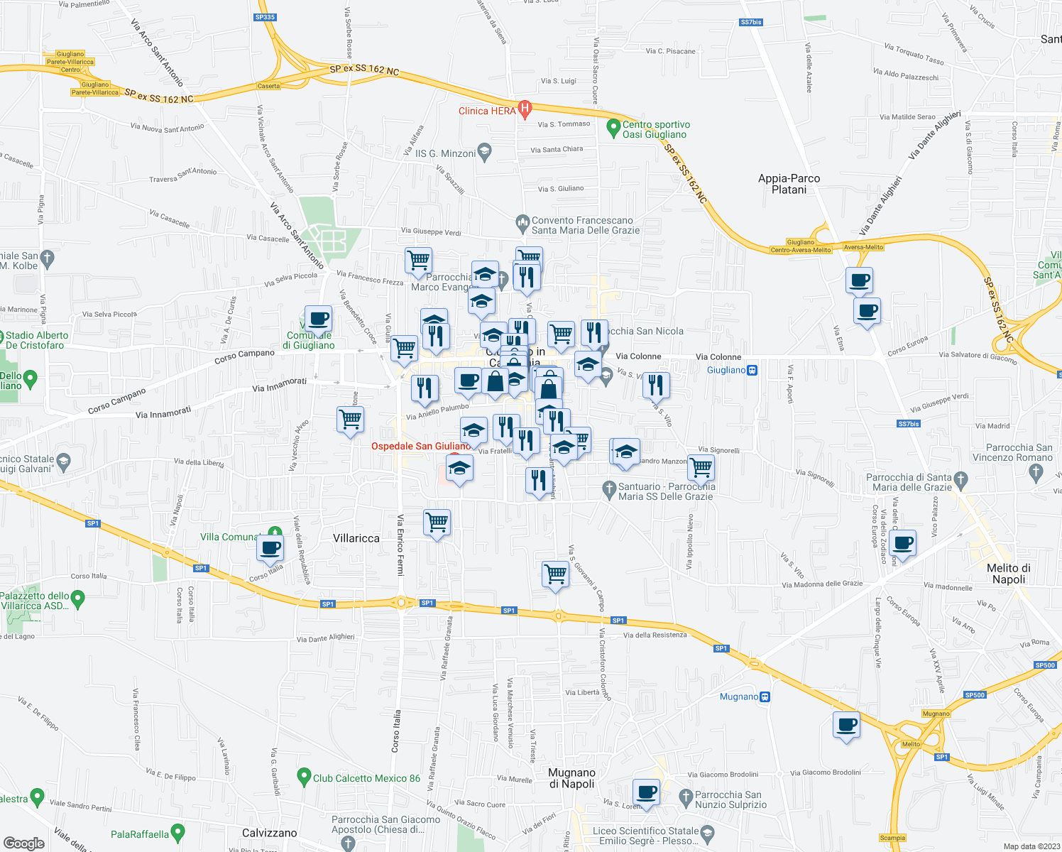 map of restaurants, bars, coffee shops, grocery stores, and more near 39 Via Vittorio Veneto in Giugliano In Campania
