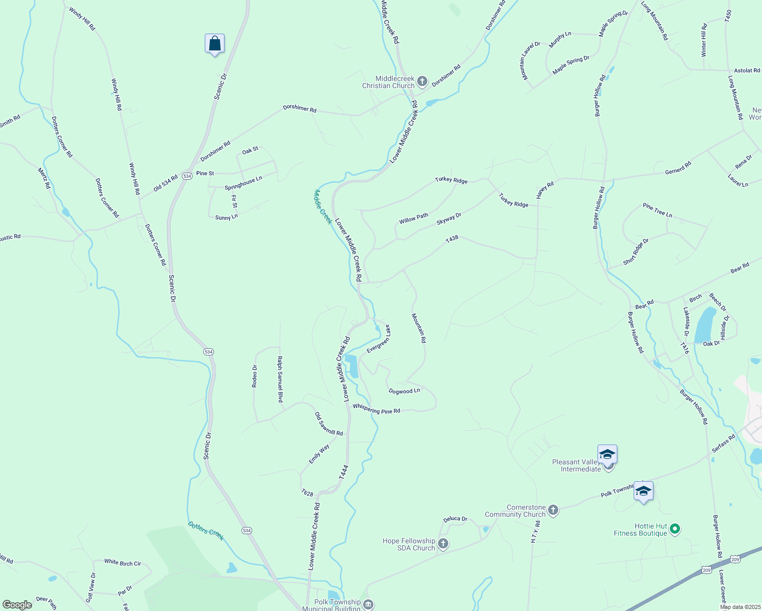 map of restaurants, bars, coffee shops, grocery stores, and more near 111 Evergreen Lake in Kunkletown