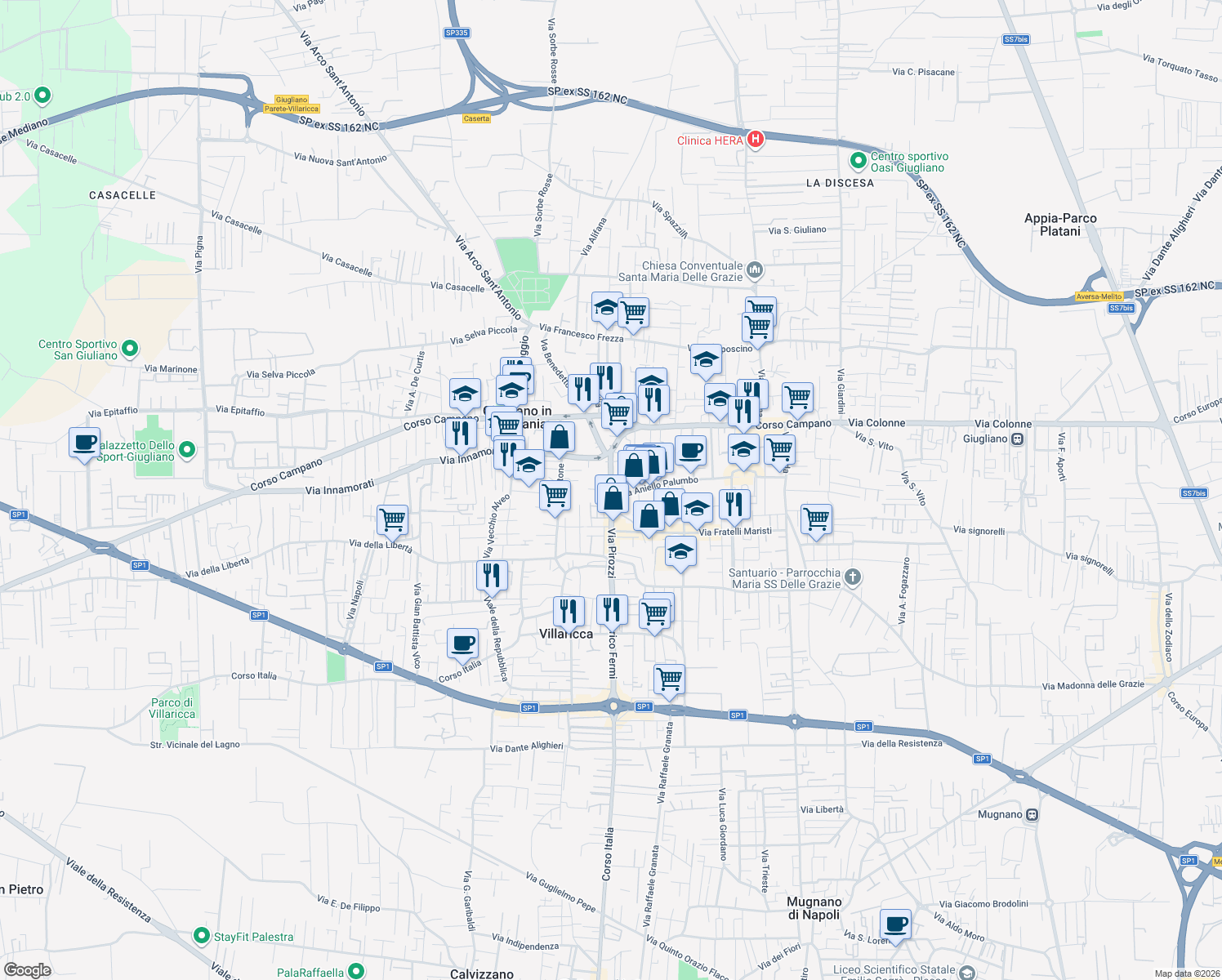 map of restaurants, bars, coffee shops, grocery stores, and more near 21 Vico Quercia in Giugliano in Campania