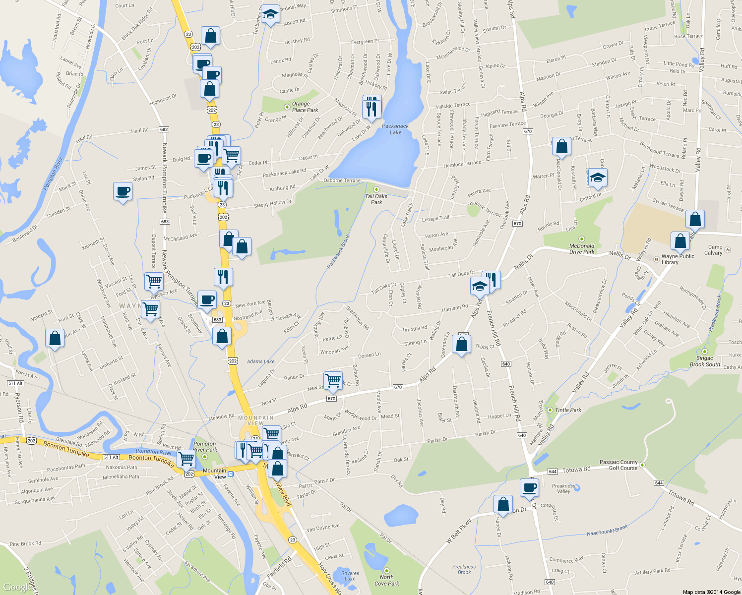 map of restaurants, bars, coffee shops, grocery stores, and more near 123 Tall Oaks Drive in Wayne