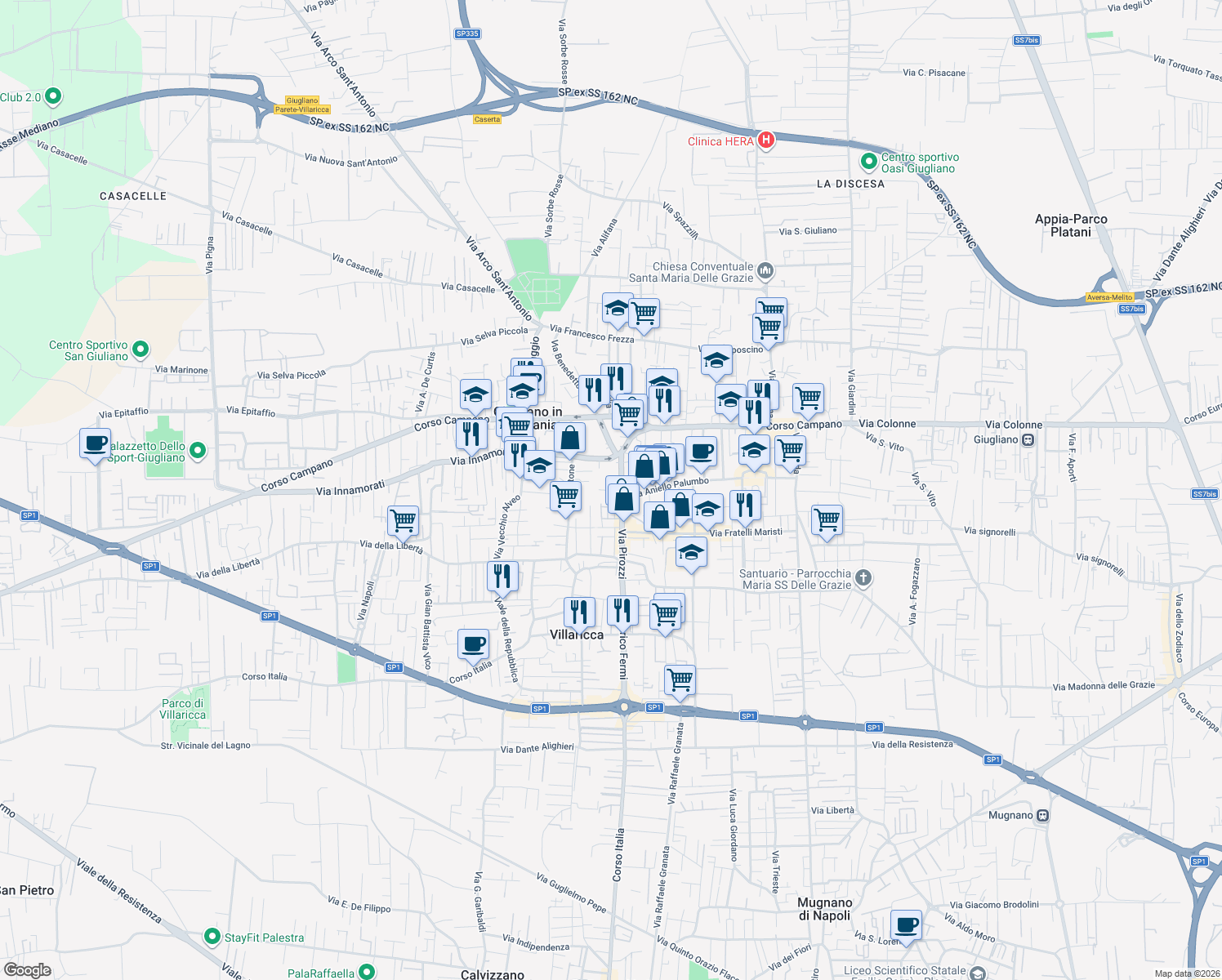 map of restaurants, bars, coffee shops, grocery stores, and more near 21 Vico Quercia in Giugliano In Campania