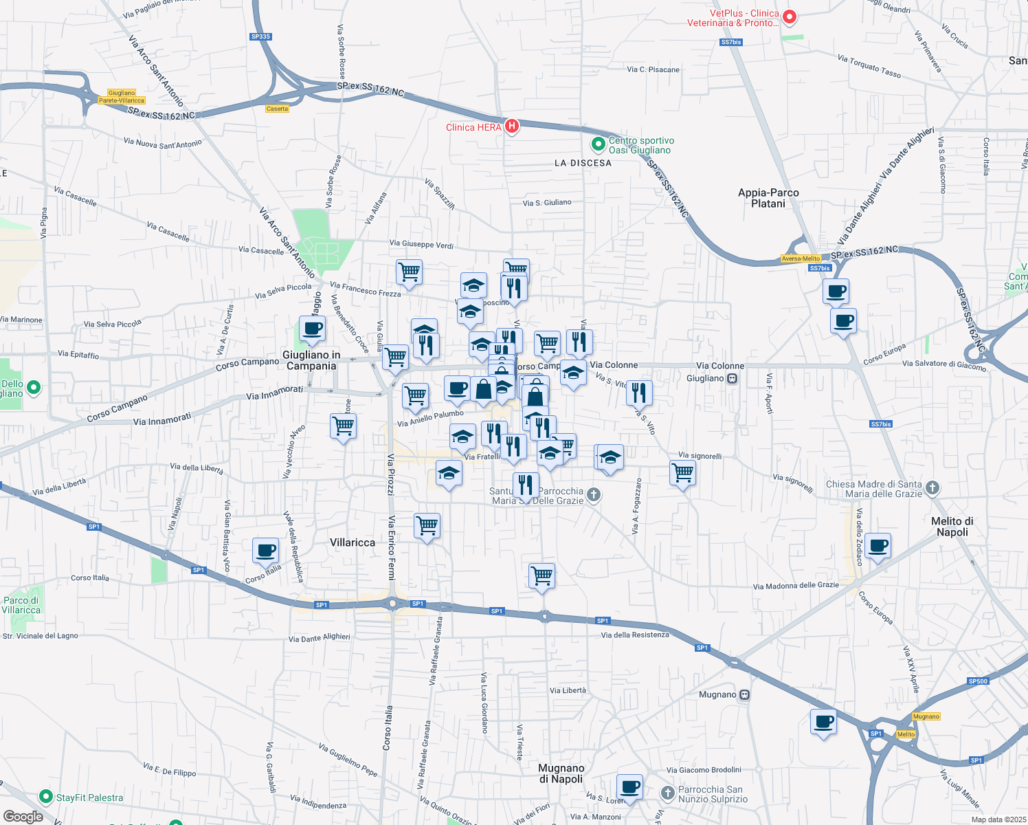 map of restaurants, bars, coffee shops, grocery stores, and more near 39 Via Vittorio Veneto in Giugliano In Campania