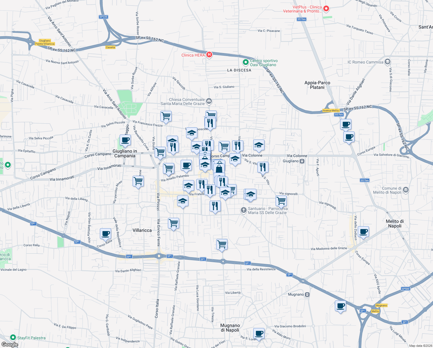 map of restaurants, bars, coffee shops, grocery stores, and more near 14 Via Vittorio Veneto in Giugliano in Campania