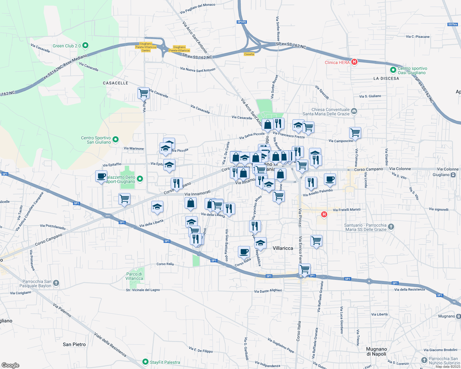 map of restaurants, bars, coffee shops, grocery stores, and more near 108 Via Innamorati in Giugliano In Campania